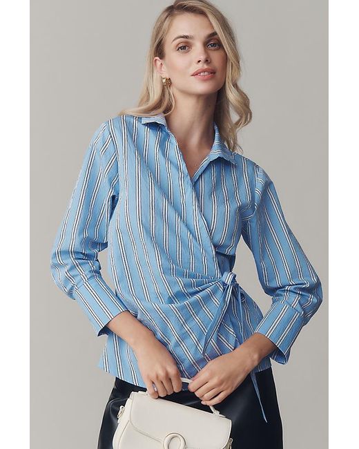 Maeve Blue Long-Sleeve Tie-Waist Wrap Blouse