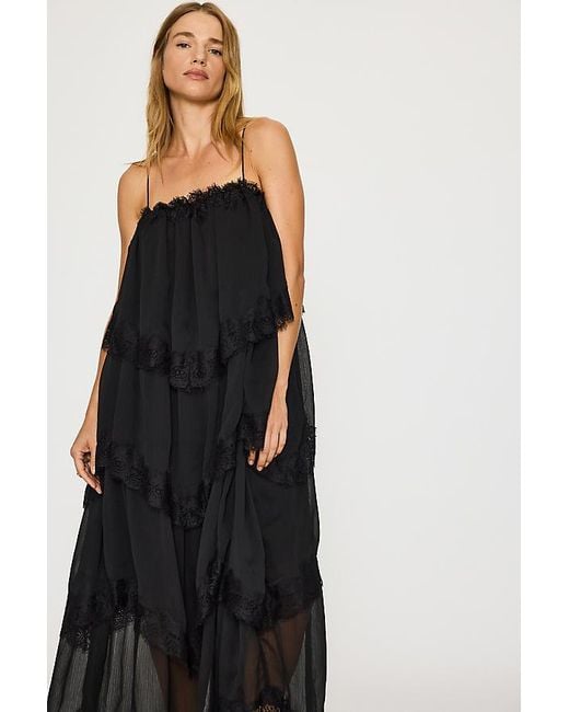 By Anthropologie Black Lace Ruffle Layered Maxi Dress
