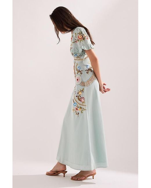 By Anthropologie White Short-Sleeve Embroidered Maxi Dress