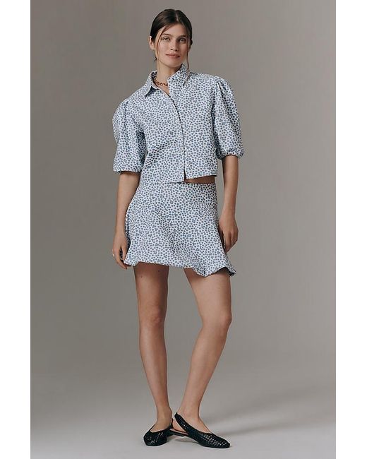 Maeve Gray Bubble-Sleeve Buttondown Top