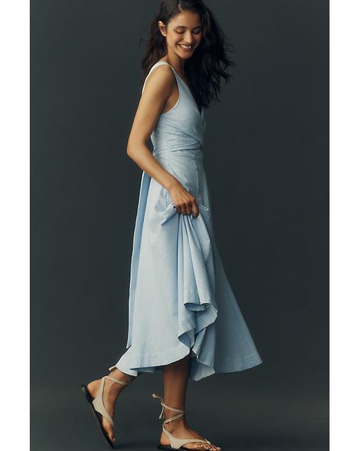 Maeve Blue Sleeveless V-Neck Stripe Seersucker Midi Dress