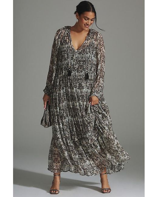By Anthropologie Black The Marais Printed Chiffon Maxi Dress