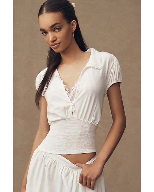 Maeve Natural Short-Sleeve Collared Smocked-Waist Blouse