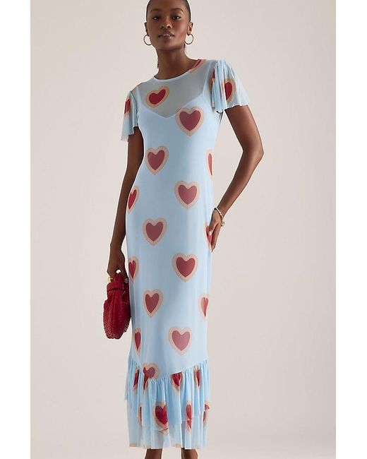 Never Fully Dressed Blue Katie Heart Print Mesh Maxi Dress
