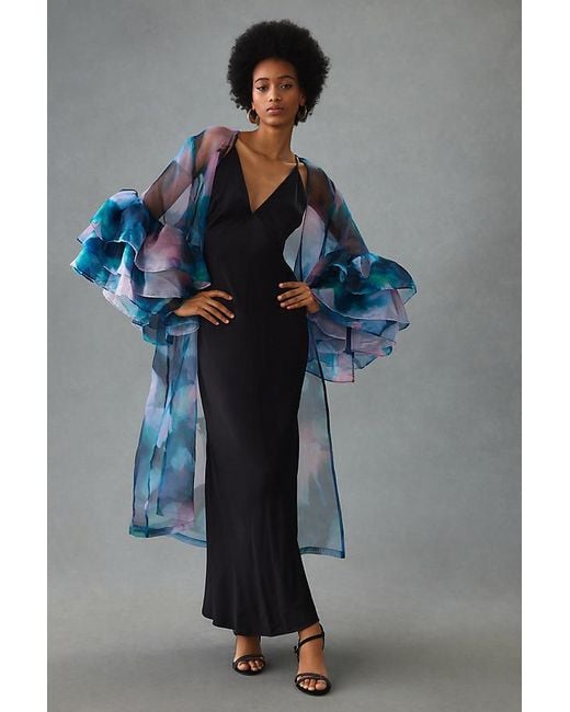 Anthropologie Blue Ruffle-sleeve Sheer Kimono Jacket