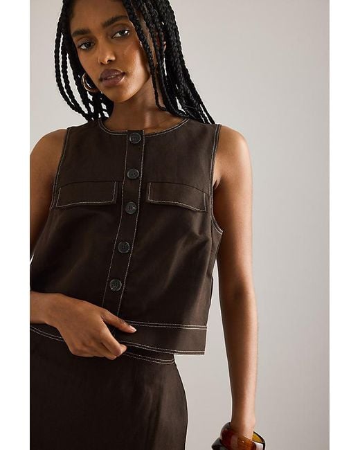 ALIGNE Brown Sleeveless Button-Front Linen Top