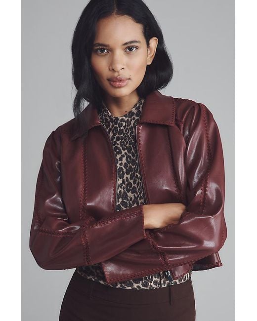 By Anthropologie Brown The Freya Faux-Leather Whip-Stitch Swing Jacket