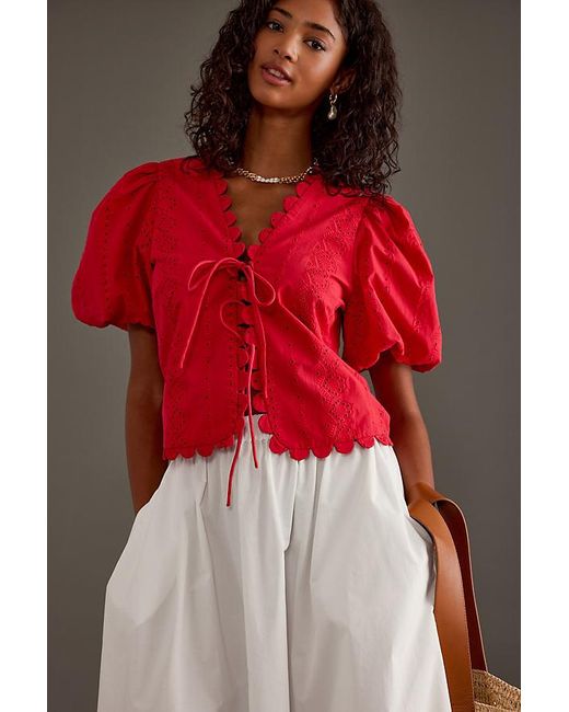 Anthropologie Red Puff-sleeve Tie-front Blouse