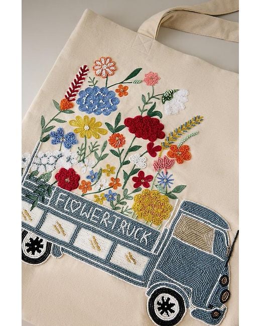 By Anthropologie Multicolor Beaded Flower Truck Canvas Tote Bag