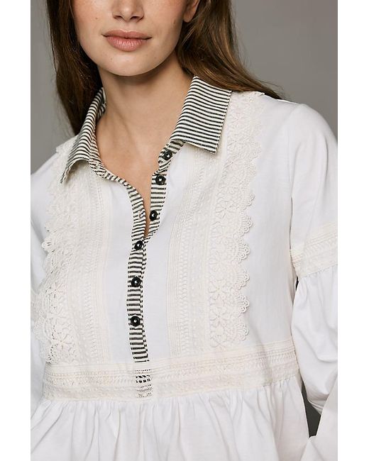 Maeve Gray 100% Cotton Lace Placket Blouse