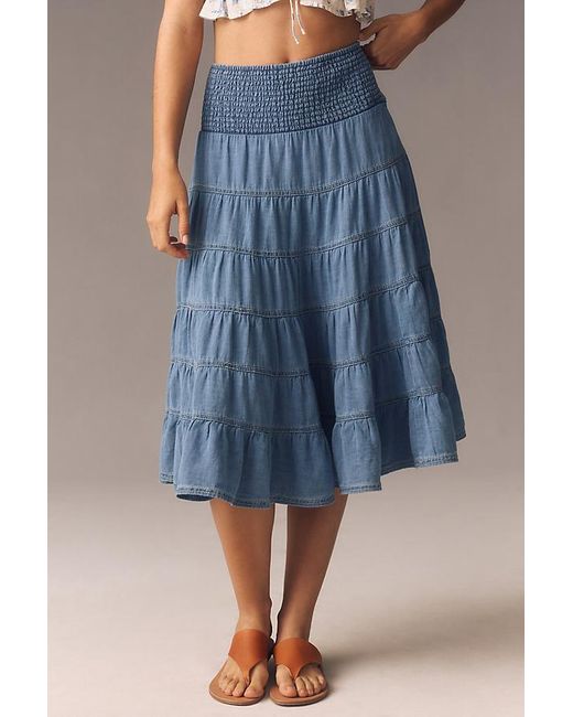 Pilcro Blue Smocked Denim Midi Skirt