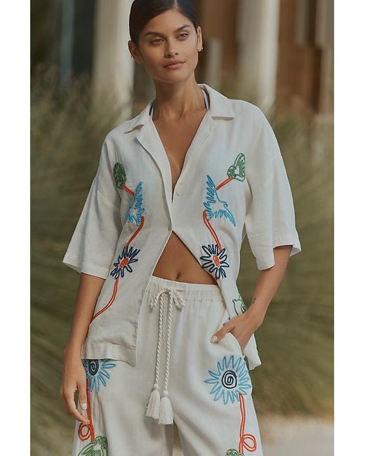 Celandine Green Linen Embroidered Short-Sleeve Buttondown Shirt