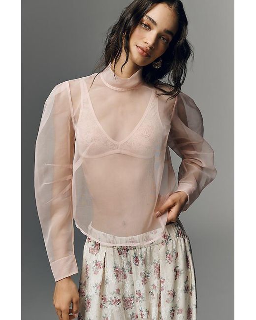 Maeve Multicolor Sheer Long-Sleeve High-Neck Blouse