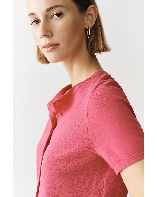 By Anthropologie Red The Juliet Cotton Cashmere Crew-Neck Cardigan: Short-Sleeve Edition