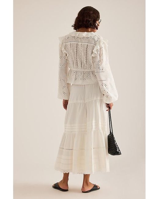 By Anthropologie White Ruffle Embroidered Tie-Front Blouse