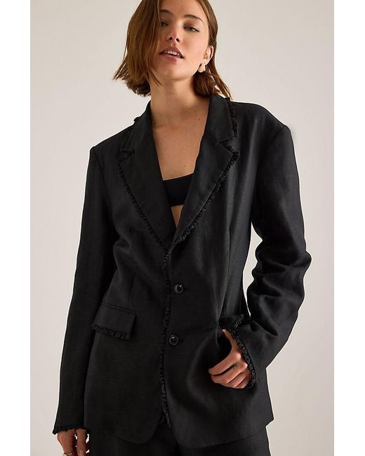 OperaSPORT Black Gia Ruffle Linen-Blend Blazer