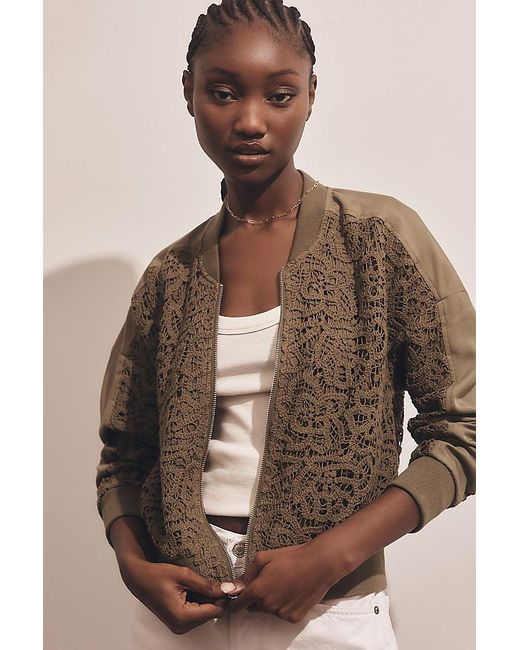 By Anthropologie Brown Crochet Bomber Jacket