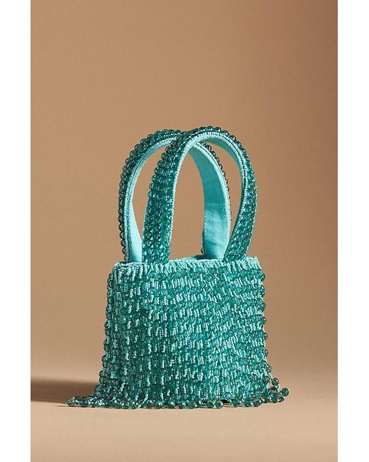 Anthropologie Blue Beaded Fringe Mini Clutch Bag