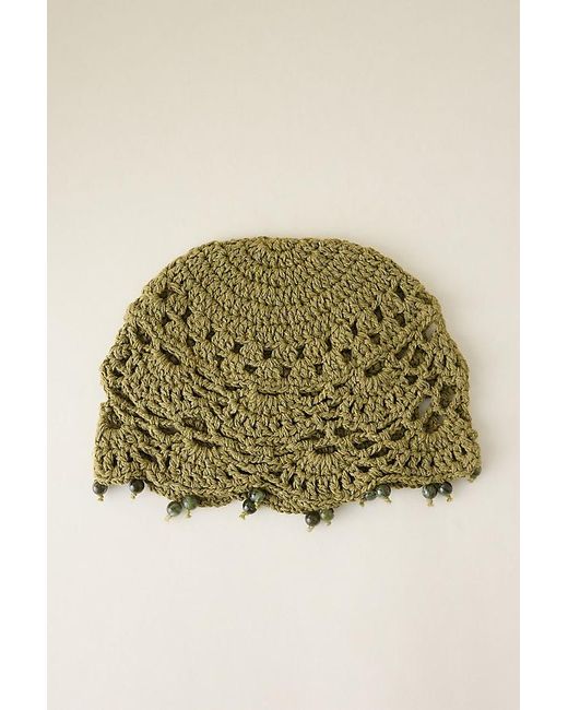 By Anthropologie Green Crochet Beaded Skull Cap