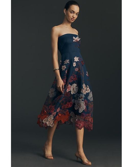 Maeve Black Strapless Floral Chiffon Midi Dress