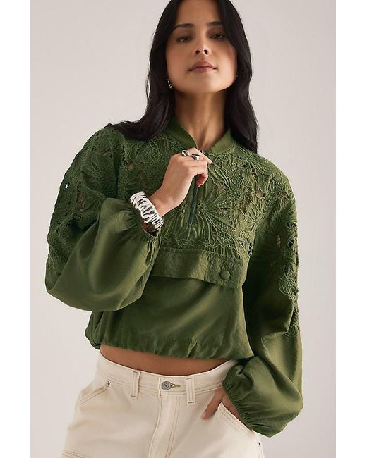 Maeve Green Embroidered Half-Zip Bomber Jacket