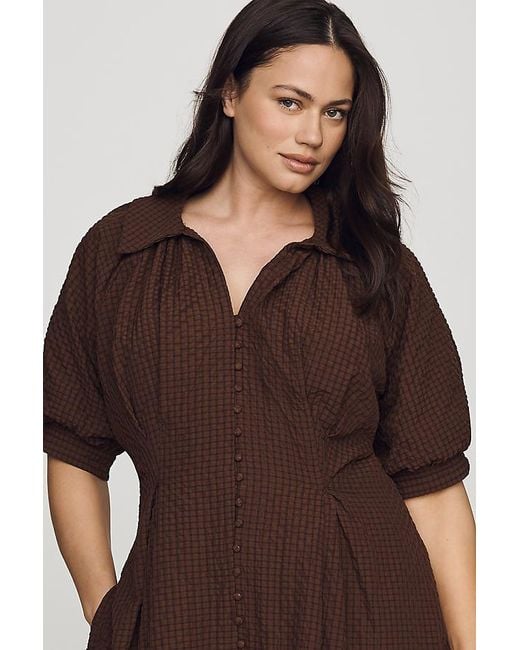 English Factory Brown Puff-Sleeve Textured Midi Shirtdress