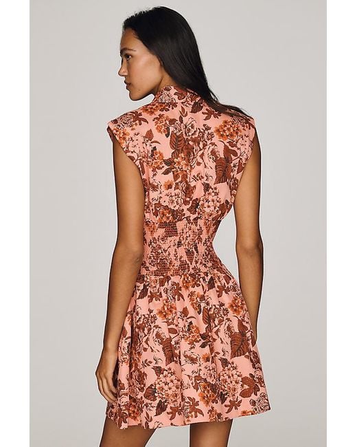 By Anthropologie Orange The Tommie Cap-Sleeve Smocked Front-Zip Shirt Dress: Mini Denim Edition
