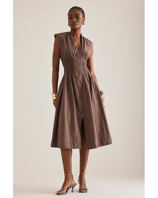 Maeve Brown The Tommie Cap-Sleeve Smocked Front-Zip Midi Shirt Dress