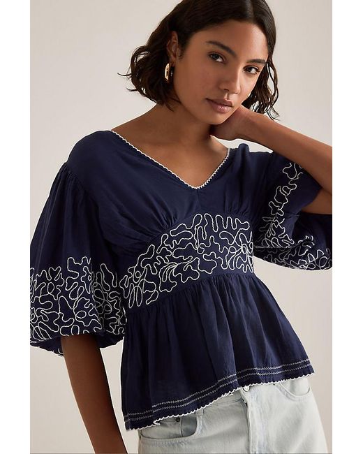 Maeve Blue Embroidered Linen-Blend Puff-Sleeve Top