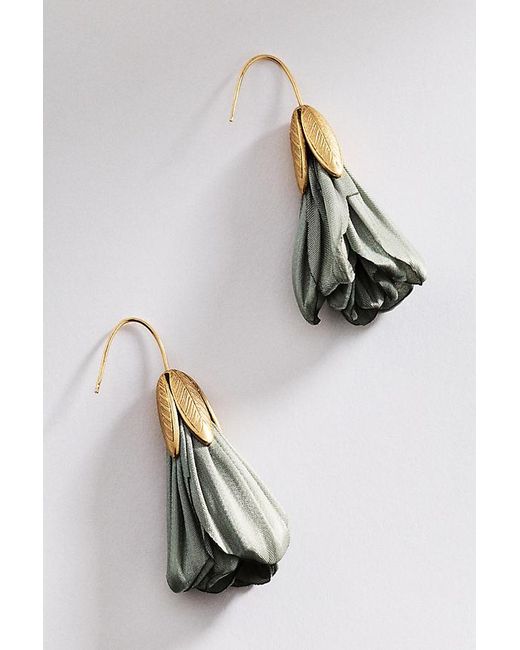 Anthropologie Green By Fabric Flower Drop Earrings