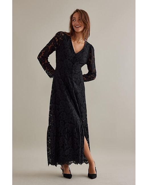 SELECTED Black Tara Long-sleeve V-neck Lace Maxi Dress