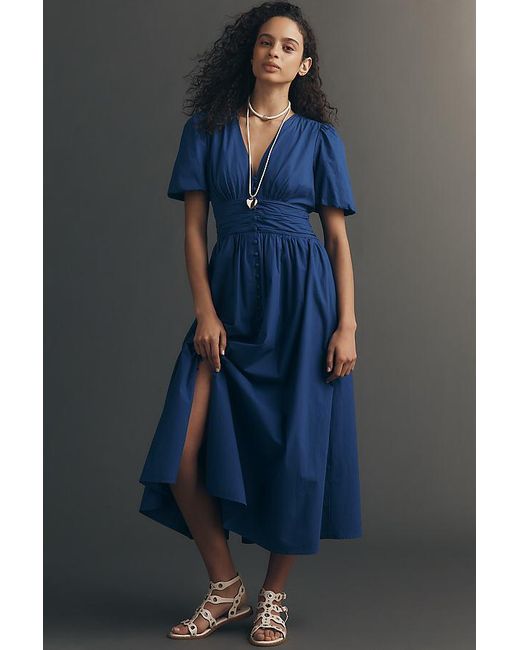 By Anthropologie Blue The Katerina V-Neck Button-Front Dress