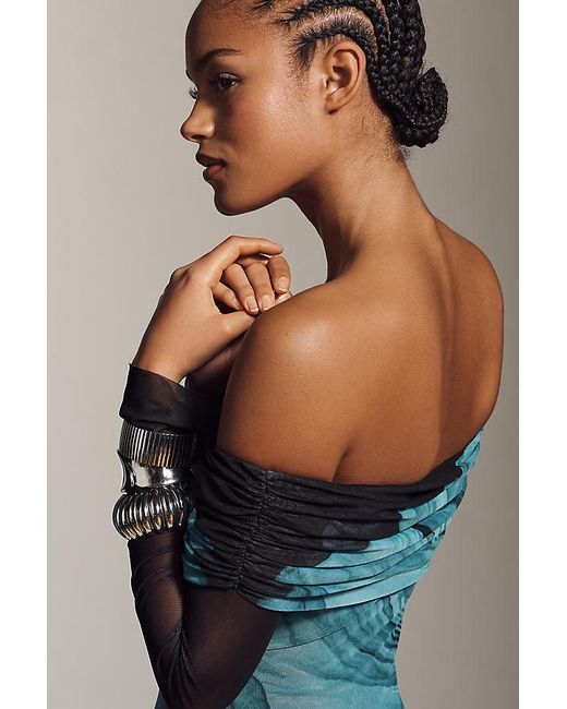 AFRM Multicolor Long-Sleeve Off-The-Shoulder Mesh Maxi Dress