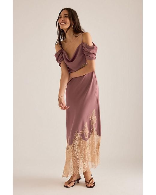Bl-nk Natural Satin Off-Shoulder Lace Midi Dress