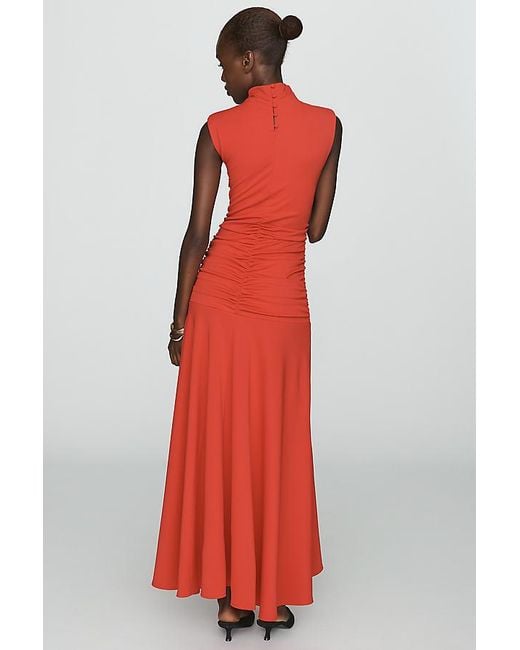 Maeve Red Sleeveless Ruched Mock-Neck Dress