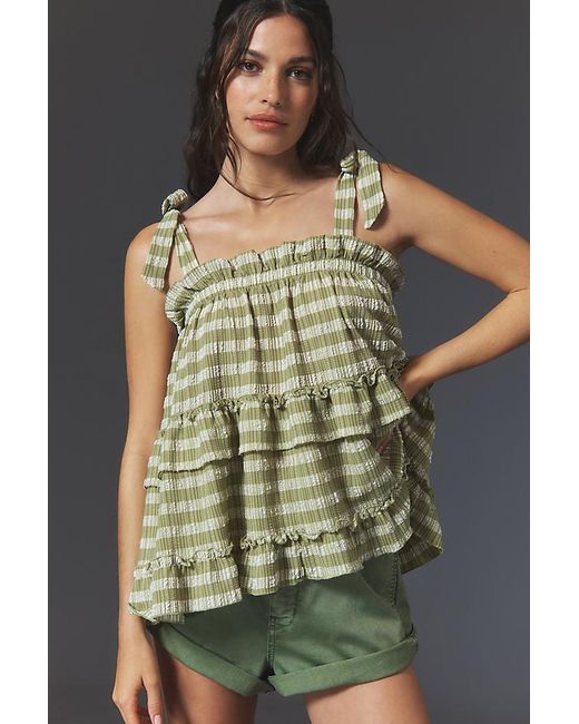 Maeve Green Sleeveless Square-neck Frill Tiered Top