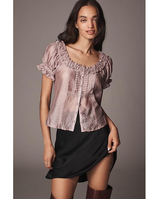 Pilcro Brown Short-Sleeve Sheer Silky Blouse