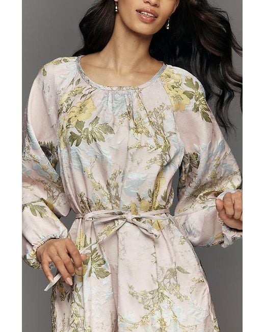 Siempre Gray Long-Sleeve Scoop-Neck Brocade Mini Dress