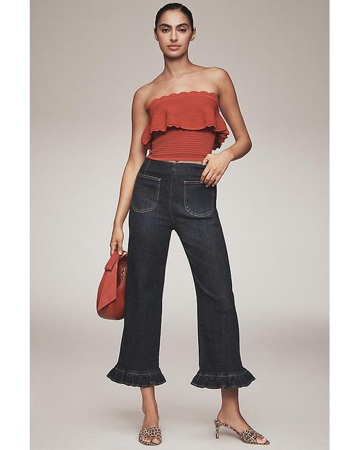 Maeve Blue The Colette Denim Ruffled Cropped Wide-Leg Jeans By
