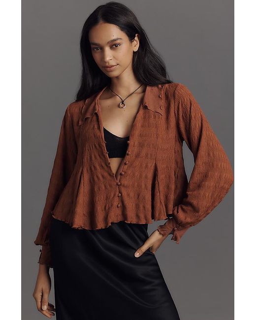 By Anthropologie Brown Long-Sleeve Tie-Front Textured Blouse