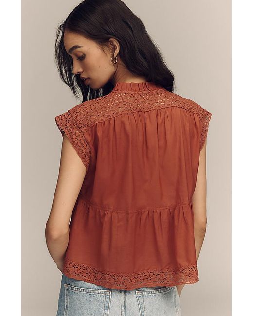 By Anthropologie Red Short-Sleeve Lace-Trim Swing Blouse