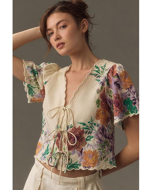 Forever That Girl Brown Printed Linen Tie-front Blouse