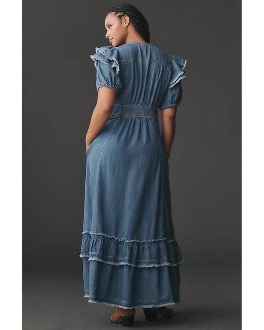 Pilcro Blue Short-Sleeve Ruffled Midi Shirtdress