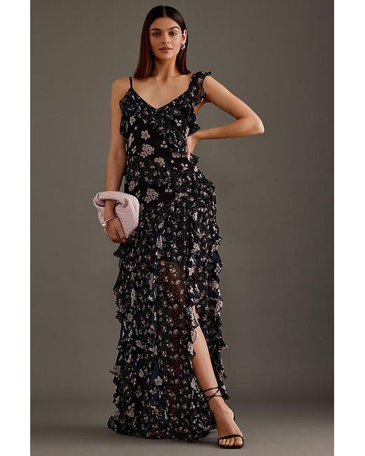 By Anthropologie Mixed Floral Ruffle Maxi Dress in Black | Lyst UK