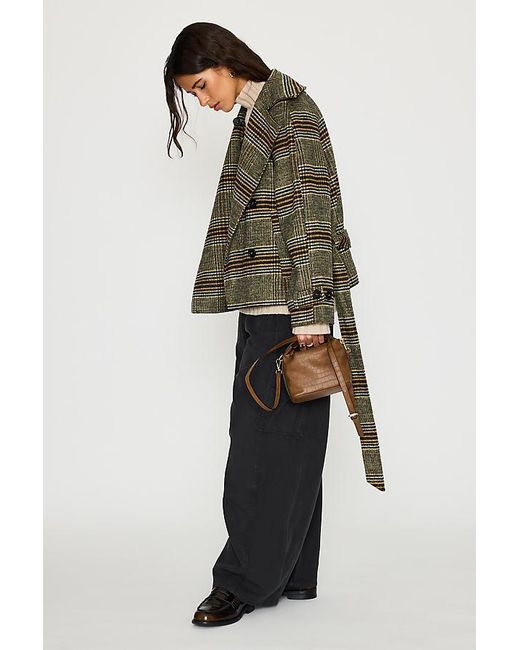 By Anthropologie Green Belted Check Wool-Blend Coat