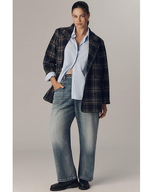Avec Les Filles Blue Double-Breasted Knit Plaid Blazer