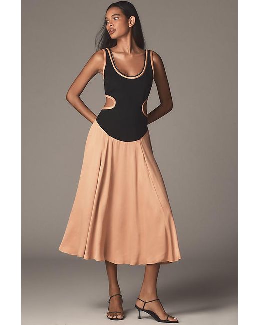 Maeve Brown Sleeveless Scoop-Neck Chain-Trim Cutout Midi Dress