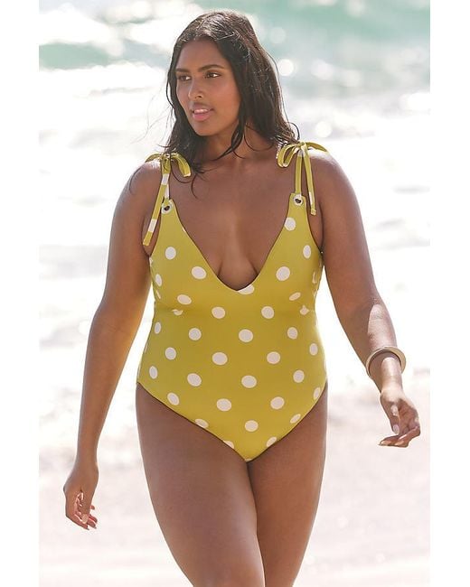 Celandine Green Polka-Dot Plunge One-Piece Swimsuit