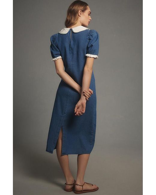 Porridge Blue Short-sleeve Collared Slim Midi Dress