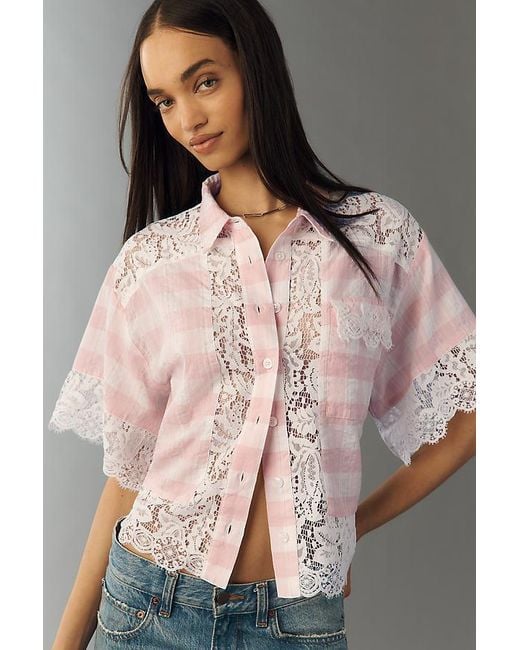 By Anthropologie Multicolor Mixed Lace Buttondown Shirt